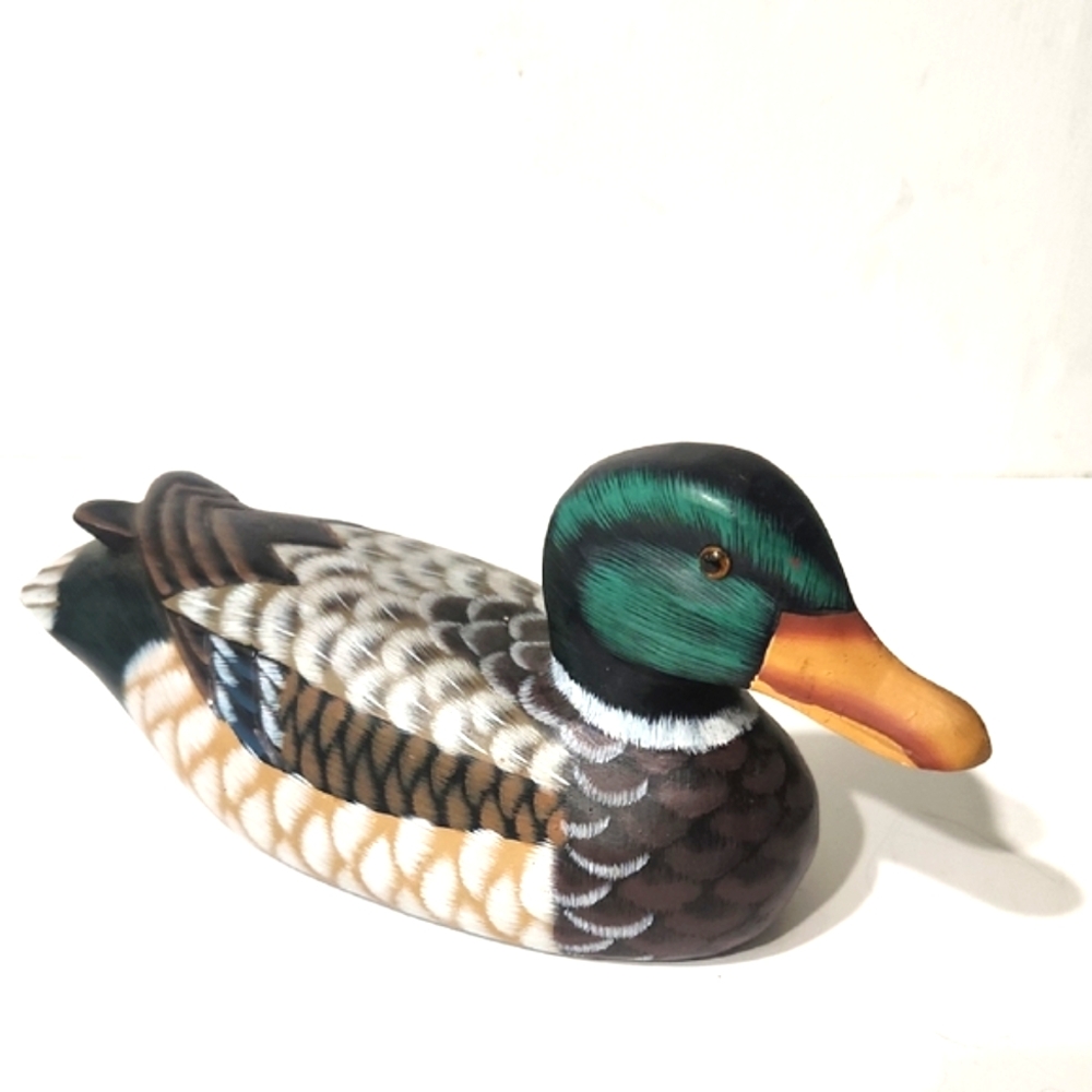 Vintage Wood Hand Carved Mallard Drake Duck Decoy Signed 12" Long